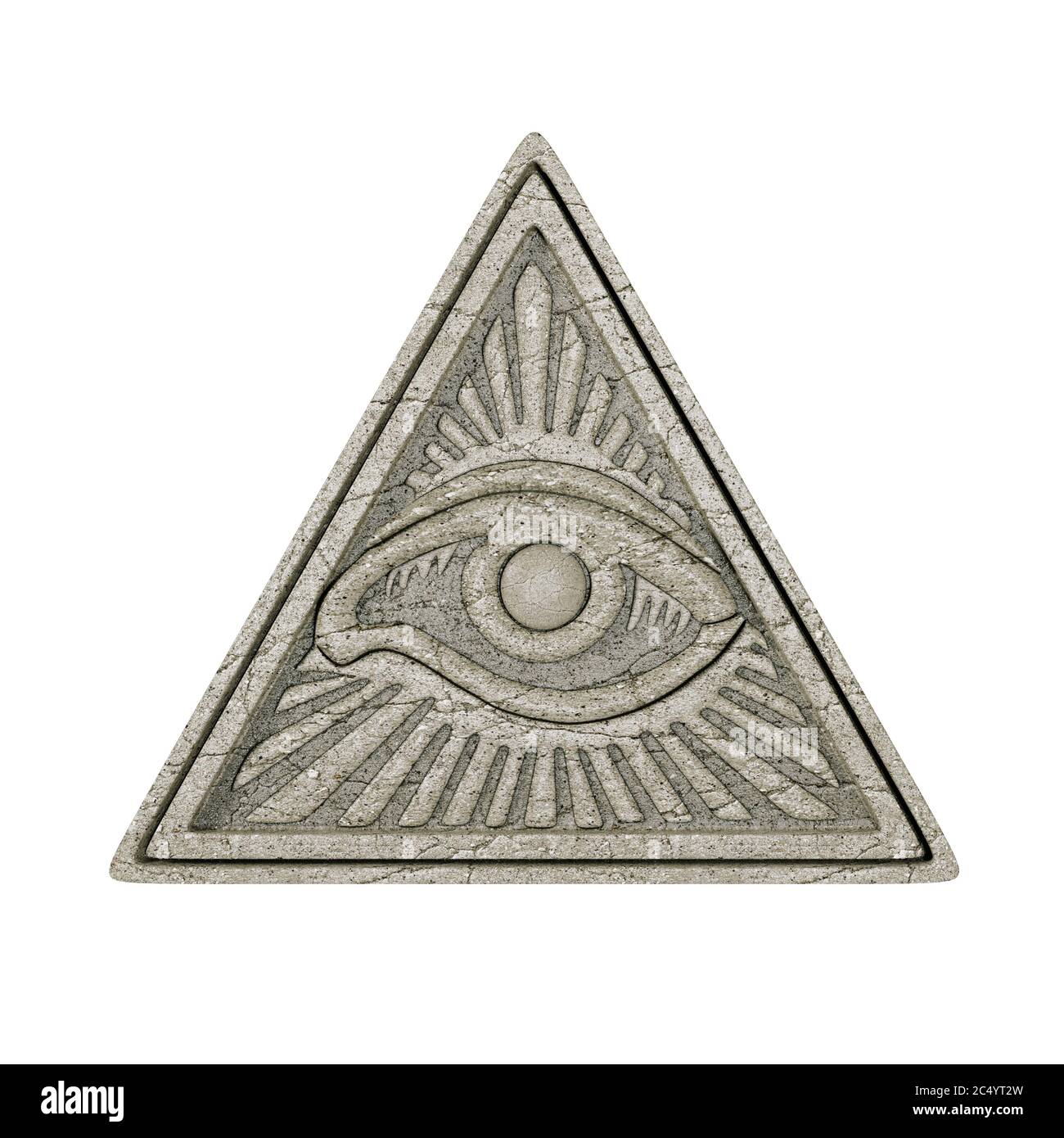Concept de symbole maçonnique. Tous voient l'œil à l'intérieur du triangle de la pyramide comme une pierre sur un fond blanc. Rendu 3d. Banque D'Images