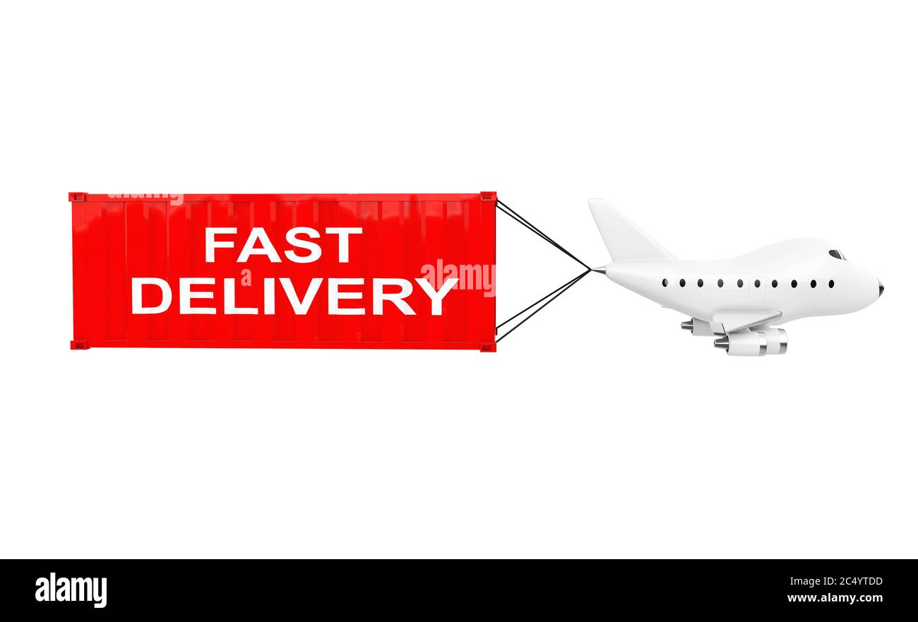Conteneur de transport de fret pour avion à jet d'encre de dessin animé avec affiche de livraison rapide sur fond blanc. Rendu 3d. Banque D'Images