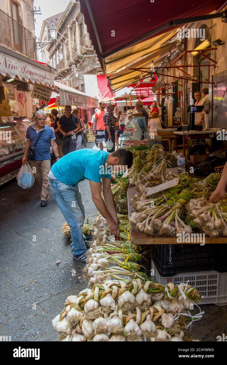Ail à vendre sur le marché extérieur de Catane sur l'île de Sicile, Italie. Banque D'Images