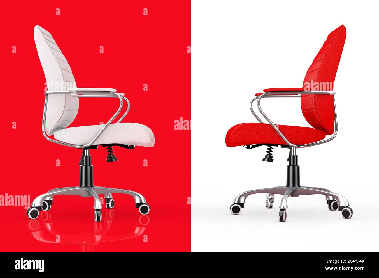 Chaises de bureau en cuir rouge et blanc sur fond blanc et noir. Rendu 3d. Banque D'Images