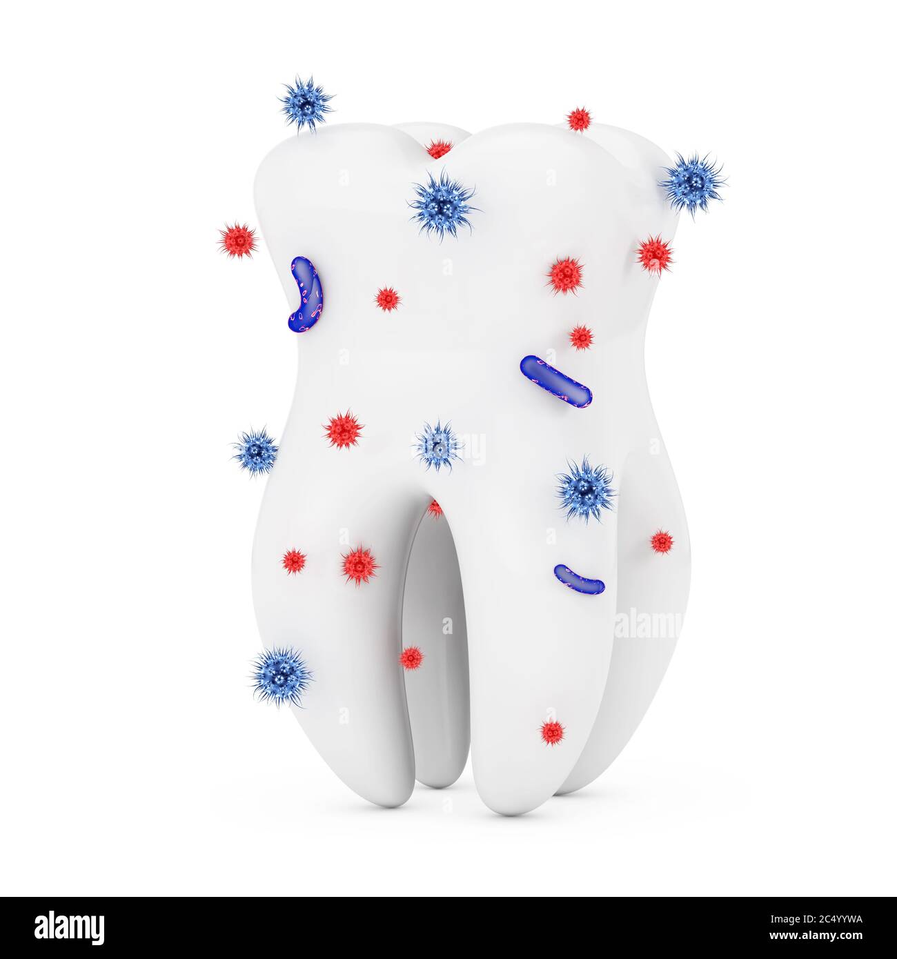 Concept d'hygiène dentaire. Bactéries et virus autour de la dent humaine sur fond blanc. Rendu 3d. Banque D'Images