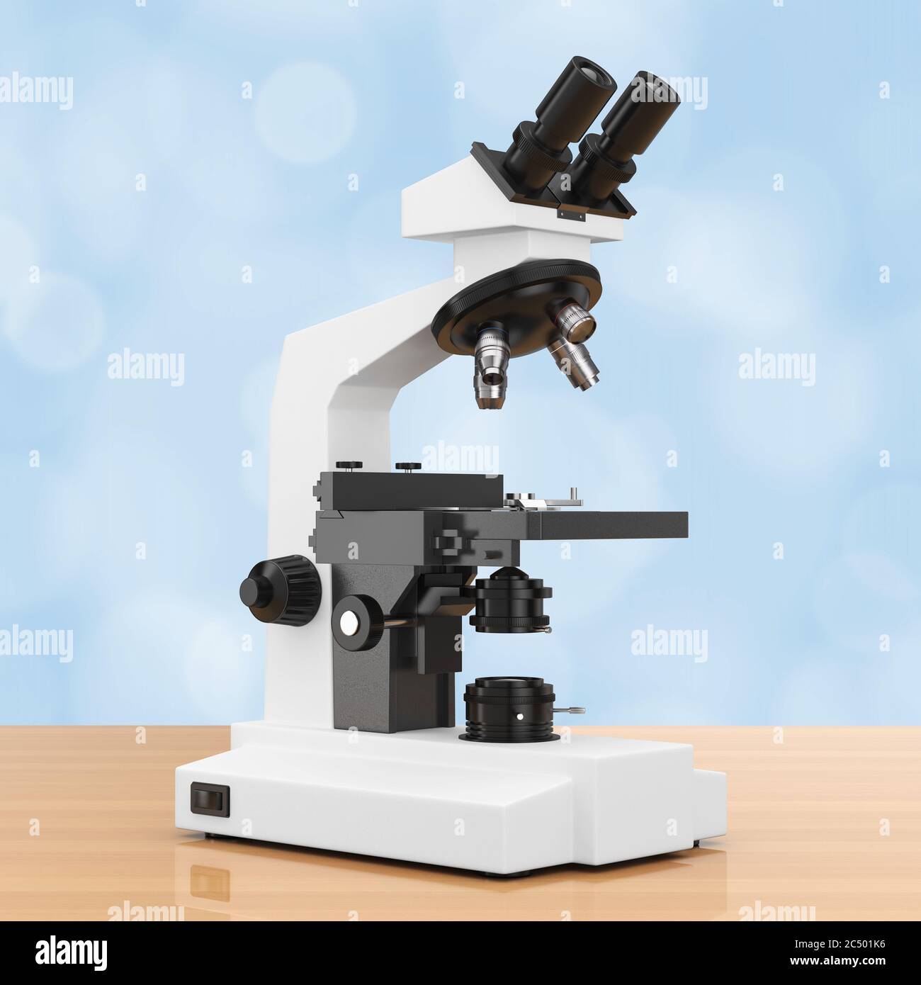Microscope de laboratoire moderne sur une table en bois. Rendu 3d. Banque D'Images