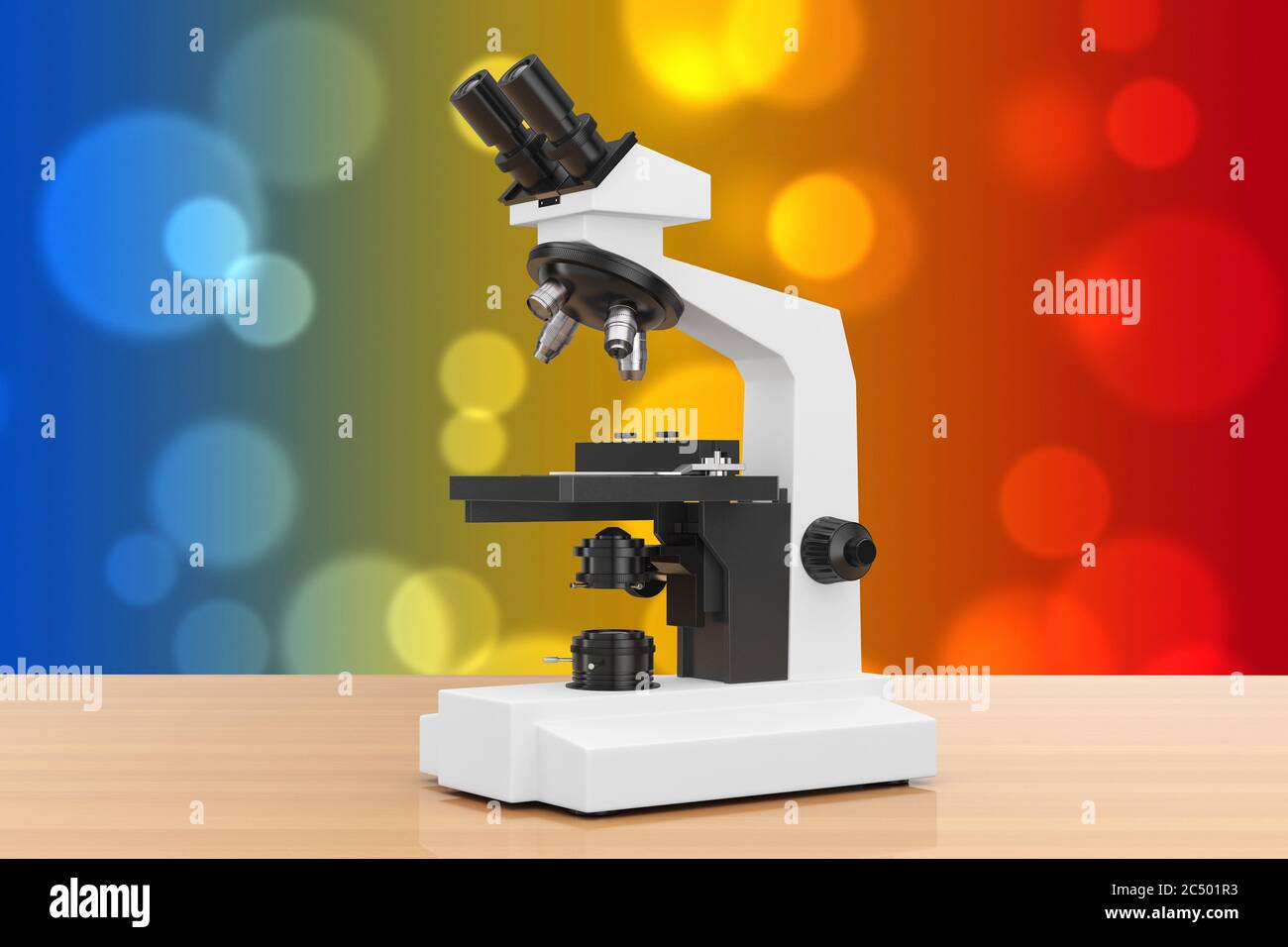 Microscope de laboratoire moderne sur une table en bois. Rendu 3d. Banque D'Images