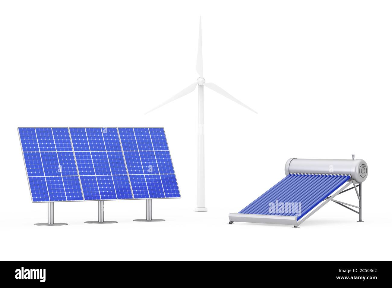 Panneaux solaires bleus, moulins à vent et panneau de chauffe-eau sur fond blanc. Rendu 3d. Banque D'Images