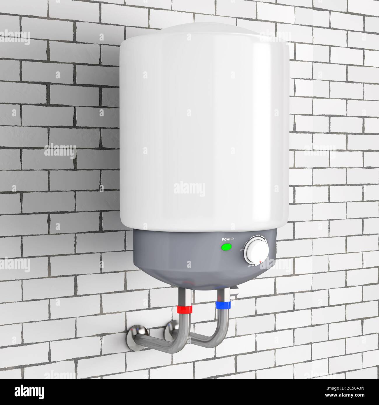 Chauffe-eau automatique moderne devant un mur en briques. Rendu 3d. Banque D'Images