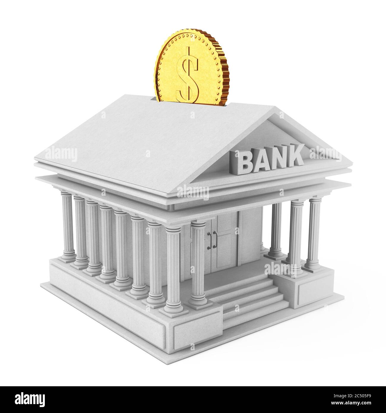 Bâtiment de banque avec pièce d'or comme Moneybox sur un fond blanc. Rendu 3d. Banque D'Images