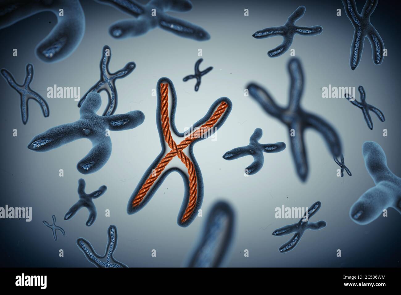 Beaucoup de chromosomes de gros plan. Rendu 3d. Banque D'Images