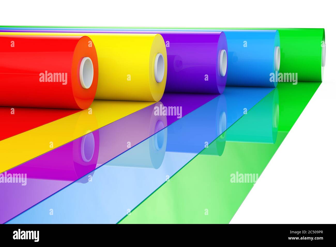 Rouleaux de ruban en plastique polythène ou feuille polychrome multicolore sur fond blanc. Rendu 3d. Banque D'Images