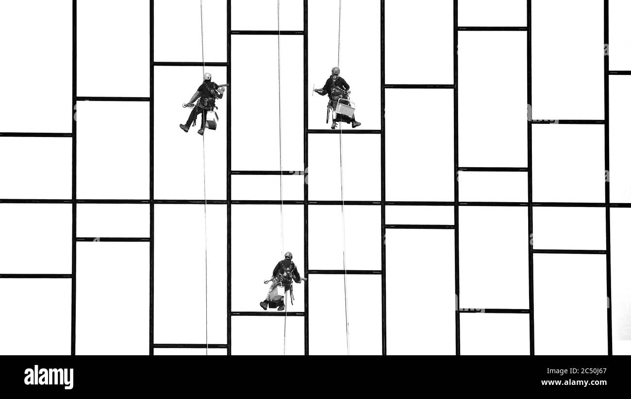 Nettoyant de fenêtre en fonctionnement. Nettoyant pour vitres, dans le système de suspension. Alpinisme industriel. Banque D'Images