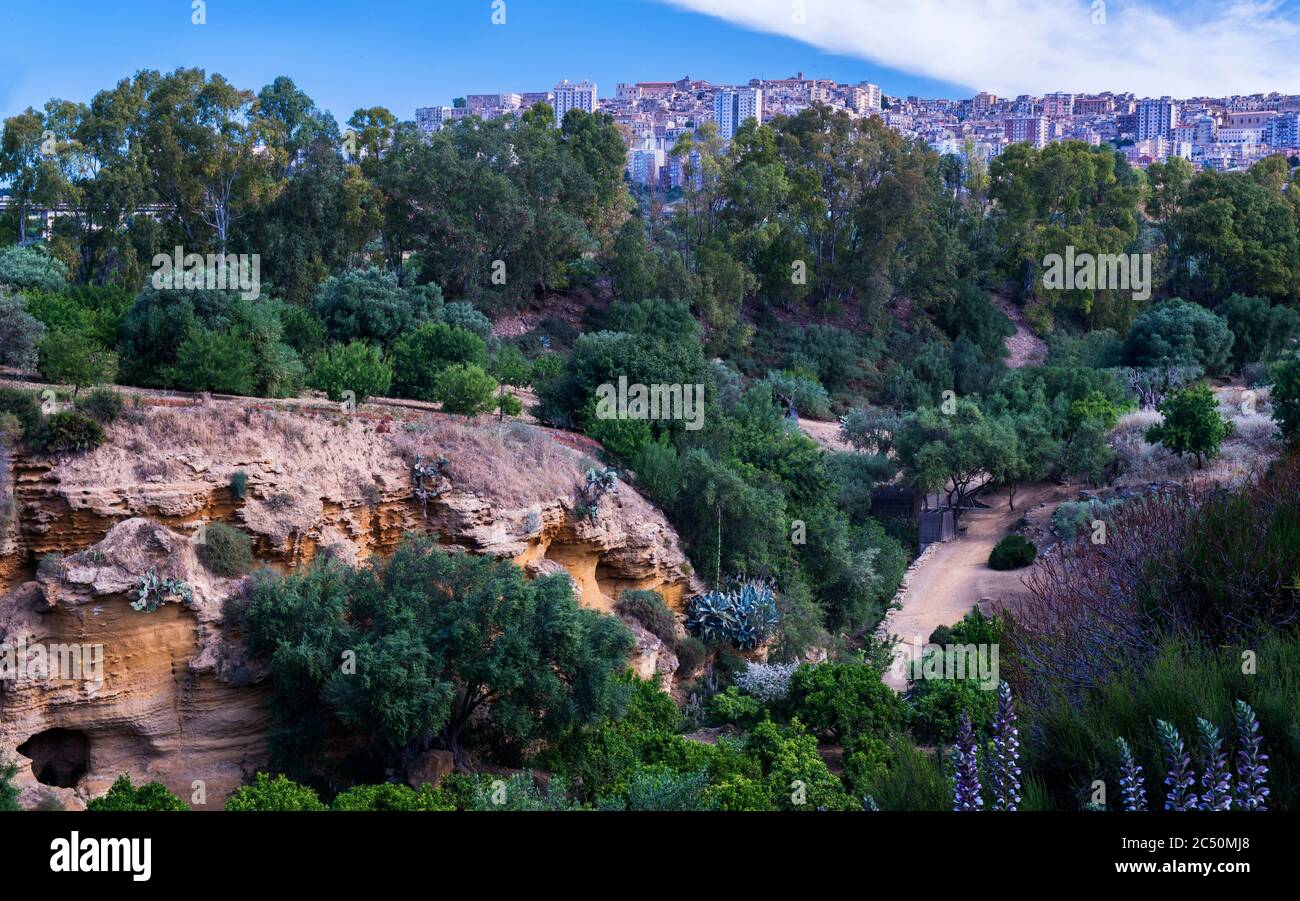 Vue sur la ville d'Agrigento, au sommet d'une colline, depuis la vallée des temples, Agrigento, Sicile, Italie Banque D'Images