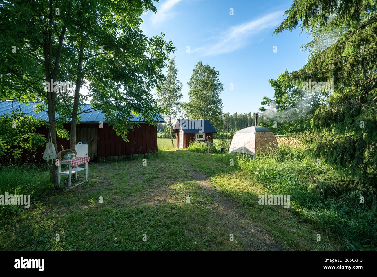 Un sauna de tente dans la campagne, Inkoo, Finlande Banque D'Images