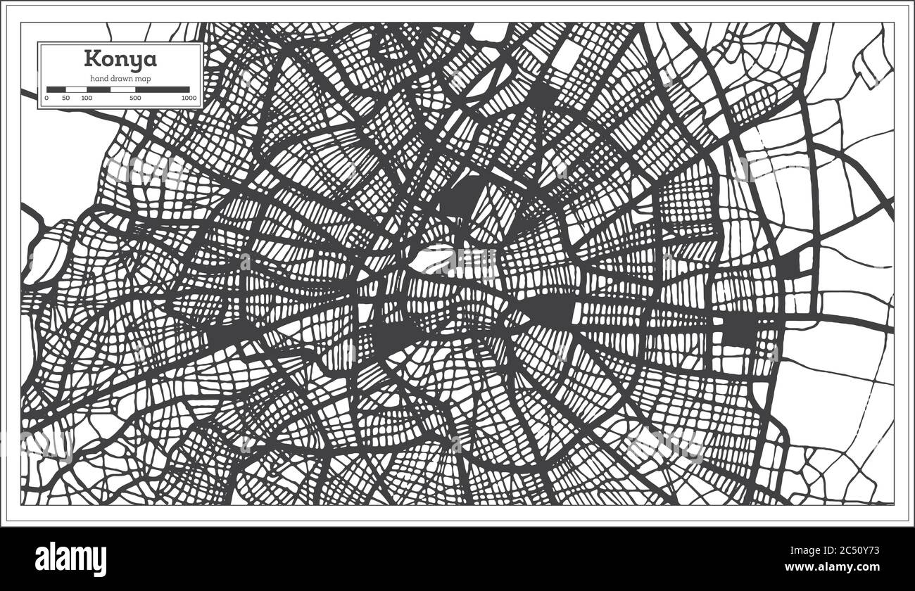 Carte de la ville de Konya en noir et blanc en style rétro. Carte de contour. Illustration vectorielle. Illustration de Vecteur