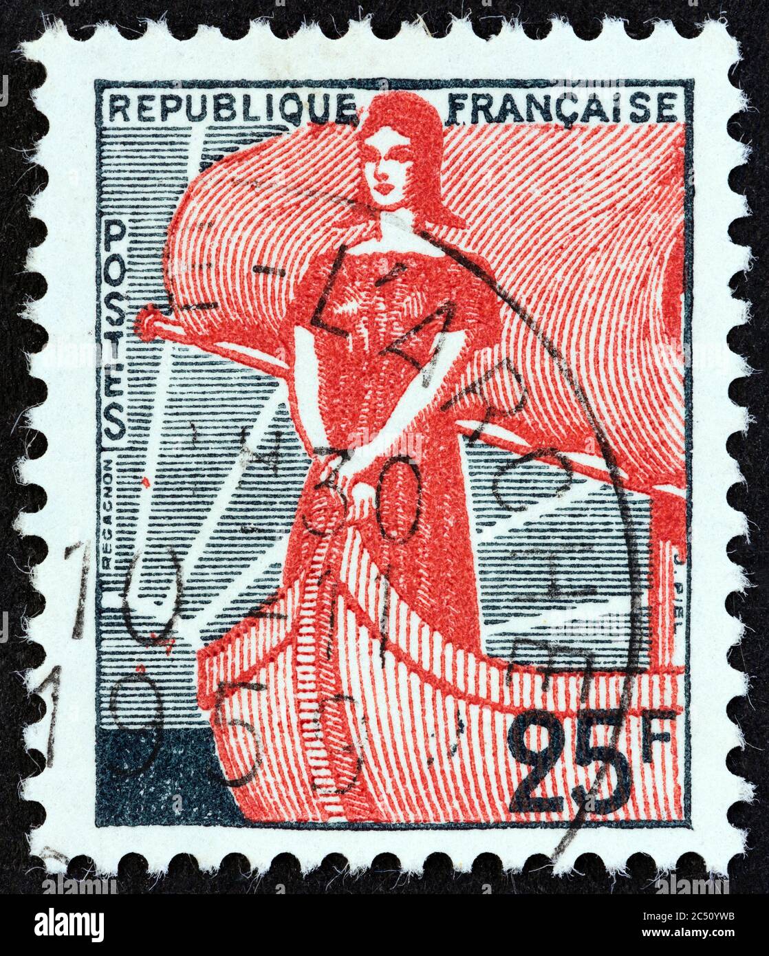 FRANCE - VERS 1959 : un timbre imprimé en France montre Marianne en navire d'État, vers 1959. Banque D'Images