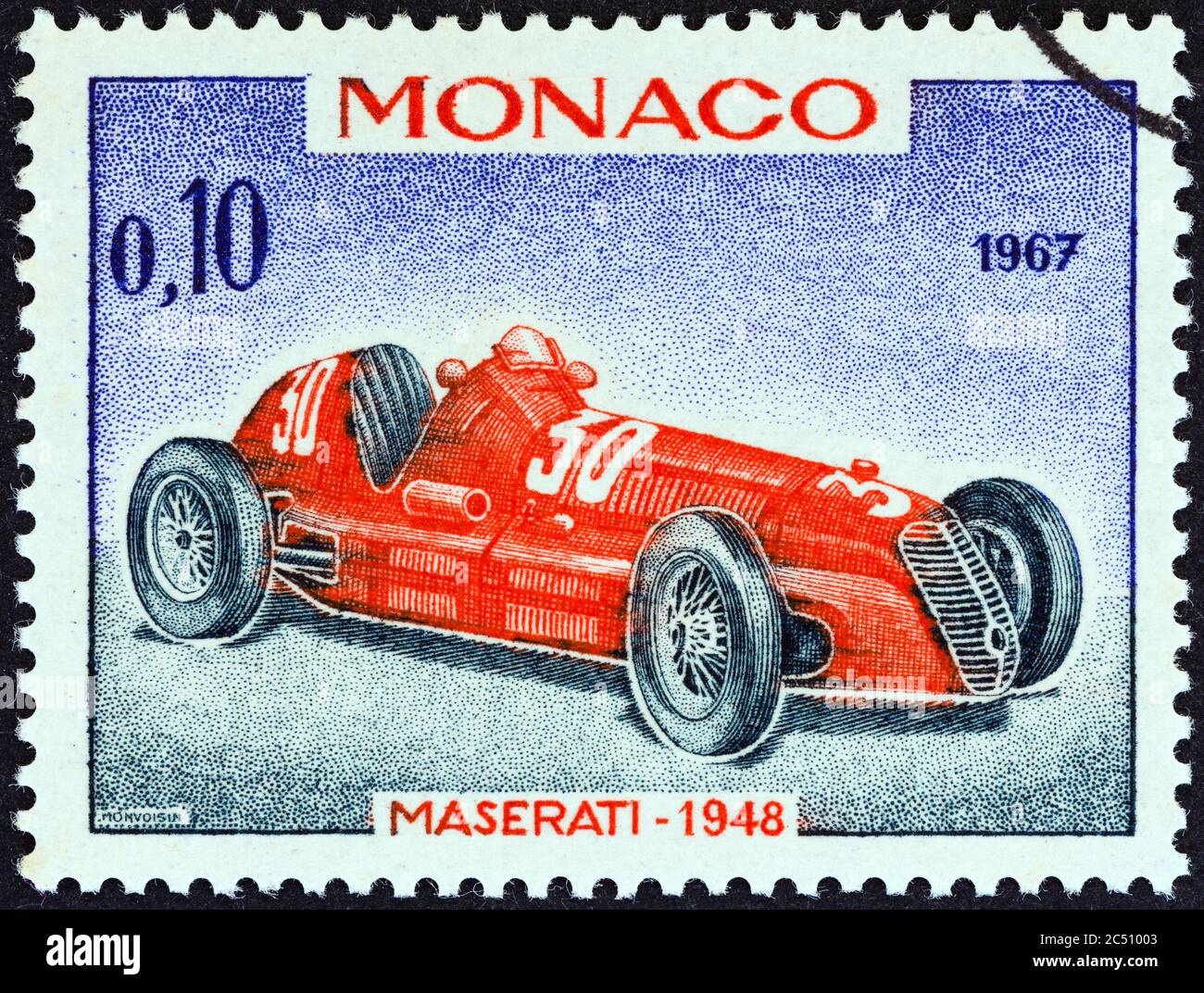 MONACO - VERS 1967 : un timbre imprimé à Monaco montre la voiture de course du Grand Prix de Maserati de 1948, vainqueur du Grand Prix de Monaco, vers 1967. Banque D'Images