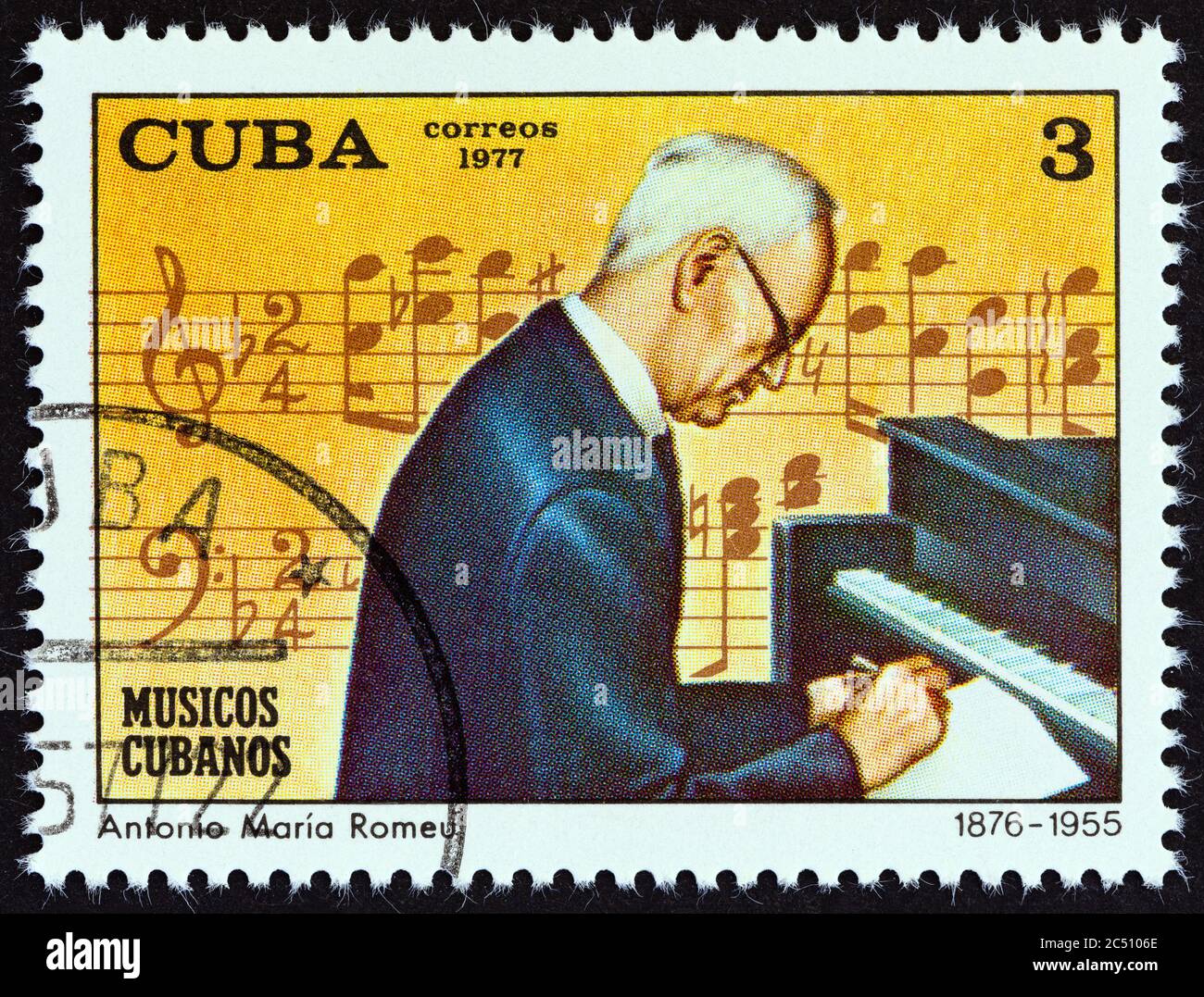 CUBA - VERS 1977: Un timbre imprimé à Cuba de l'édition "musiciens cubains" montre Antonio Maria Romeu, vers 1977. Banque D'Images
