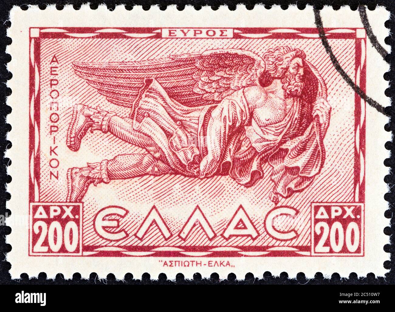 GRÈCE - VERS 1943: Un timbre imprimé en Grèce de la 'Airmail - mythologie grecque. Le numéro de Winds montre Evros (vent du Sud-est), vers 1943. Banque D'Images