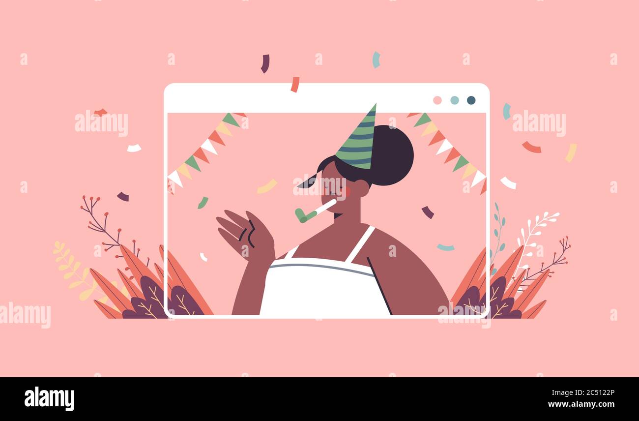 Bonne Femme Dans Chapeau Festif Fete Fete Anniversaire En Ligne Fete Africaine Fille Americaine Dans Ordinateur Fenetre Celebration Auto Isolement Quarantaine Concept Portrait Horizontal Illustration Vectorielle Image Vectorielle Stock Alamy