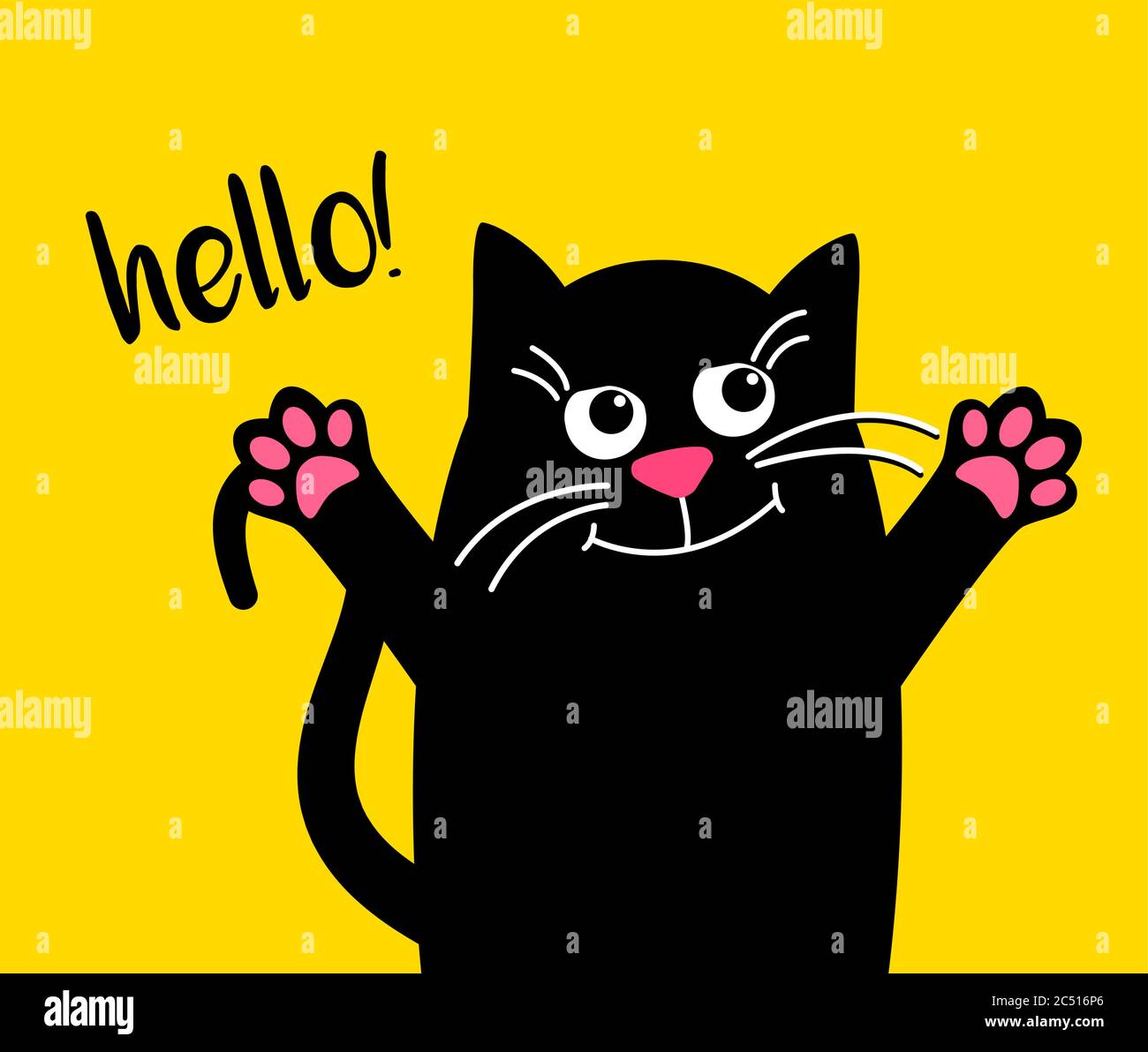 Joyeux chat mignon avec texte Bonjour. Kawaii chat noir sur fond jaune. Image de dessin animé vectorielle de Hugs à plat. Pour l'impression sur des tasses ou des tee-shirts. Illustration de Vecteur
