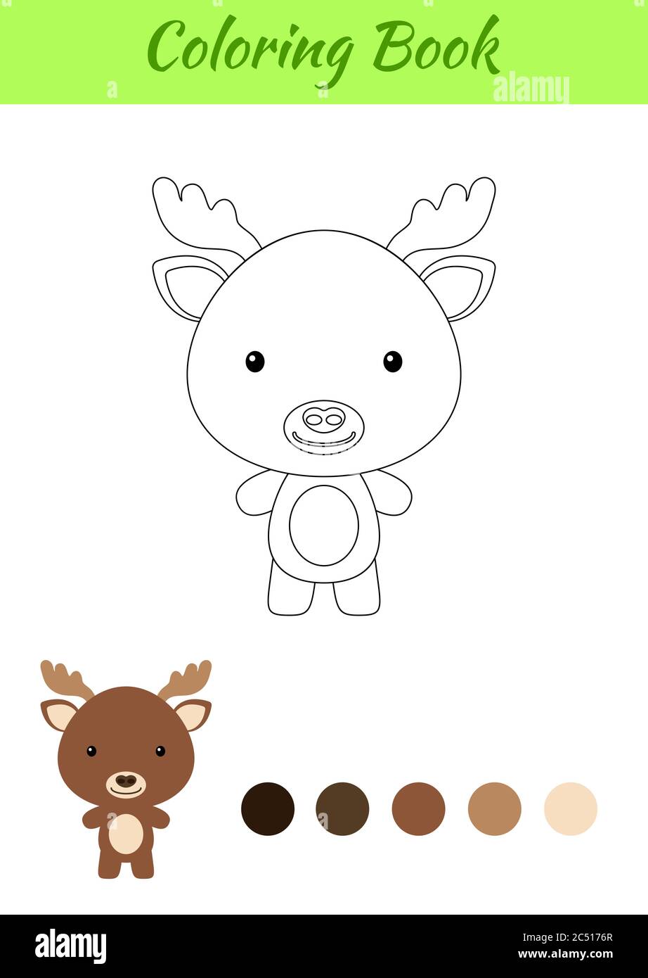 Page de coloriage petit bébé orignal heureux. Livre de coloriage pour enfants. Activité éducative pour les enfants d'âge préscolaire et les tout-petits avec un animal mignon. Illustration de Vecteur