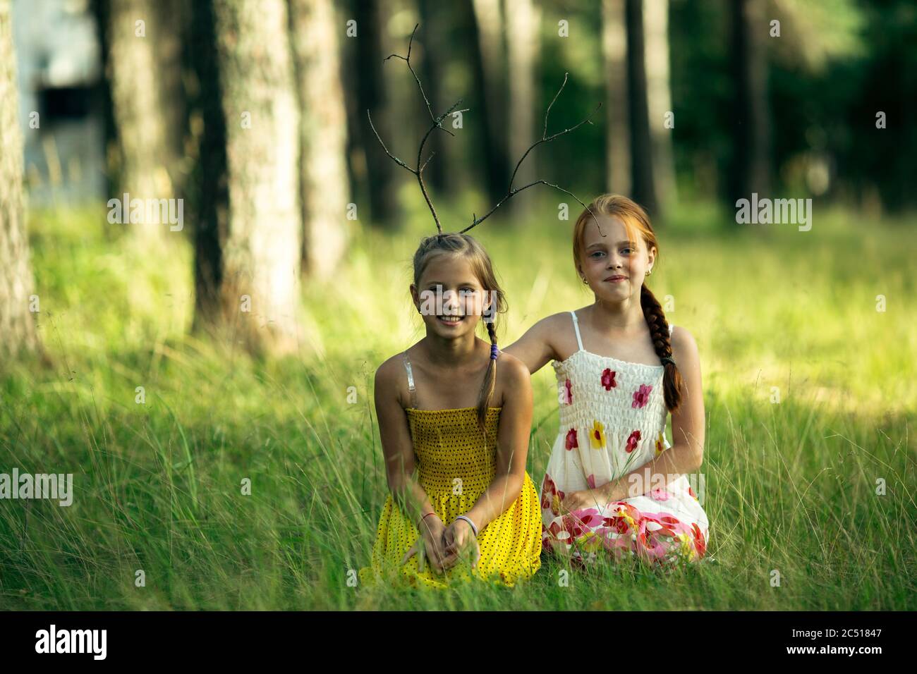 Deux petites filles amis posant pour le portrait dans un parc de pins. Banque D'Images