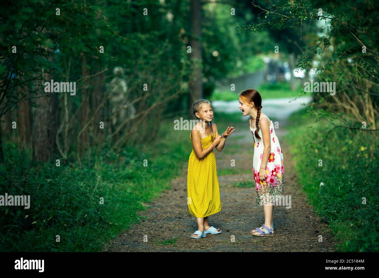 Deux petites filles amis ont des potins amusants dans un parc de pins. Banque D'Images