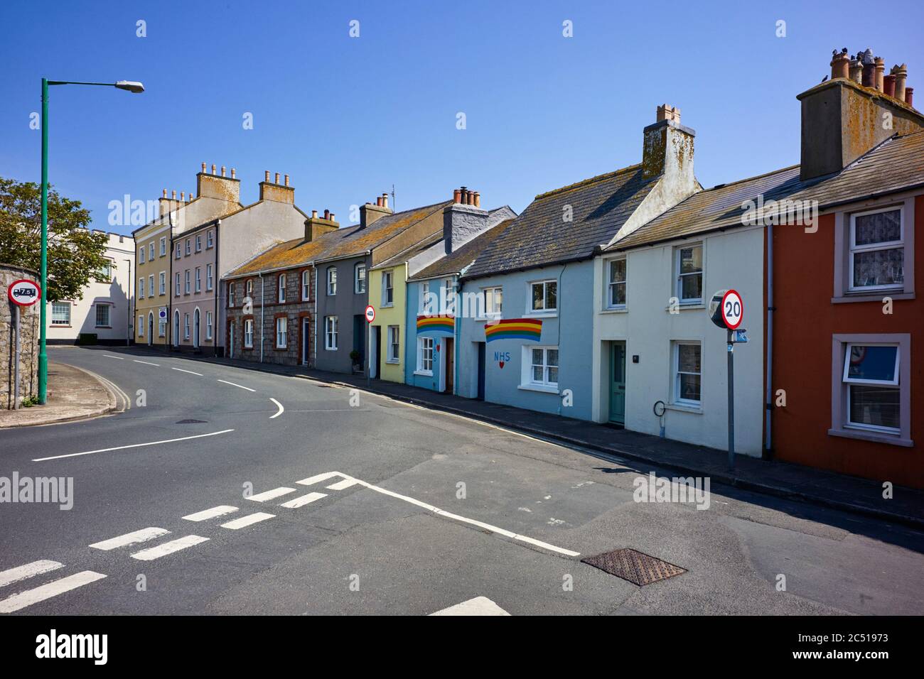 Signalisation de vertu sur les chalets de la rue Queen, Castletown, île de Man Banque D'Images