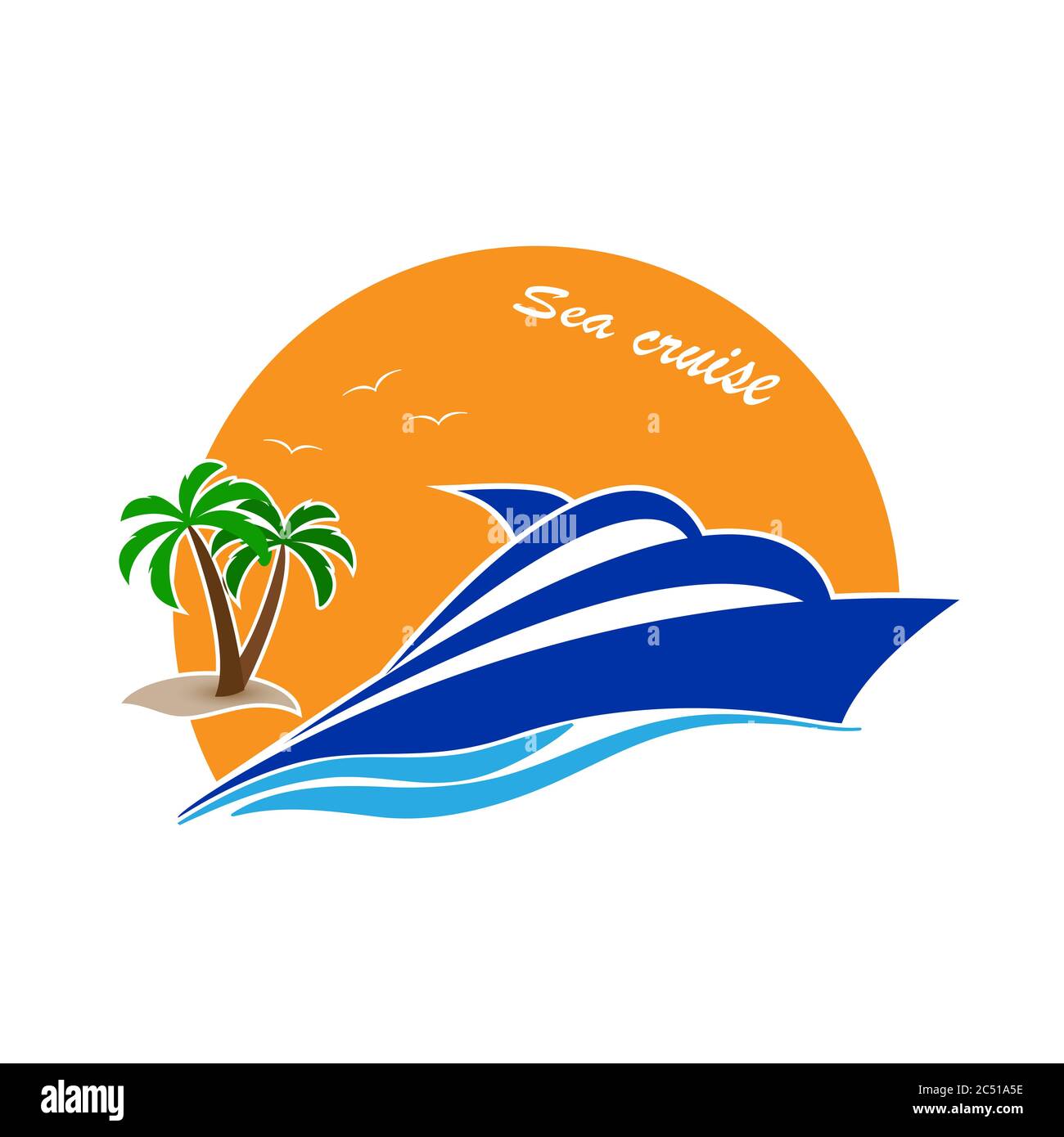 Illustration vectorielle d'un yacht sur fond de coucher de soleil et d'une île avec un palmier pour logo, affiches, bannières et thème design, isolée sur un blanc Illustration de Vecteur