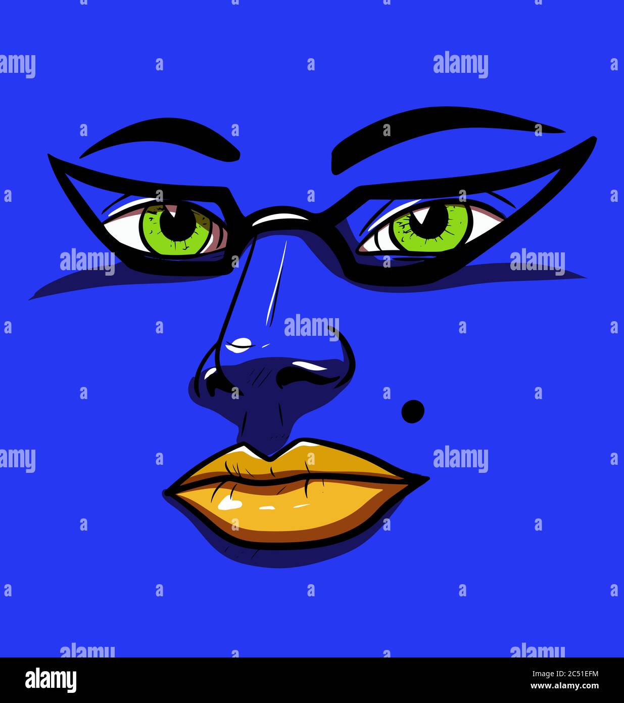 visage féminin portant des lunettes sur fond bleu Illustration de Vecteur