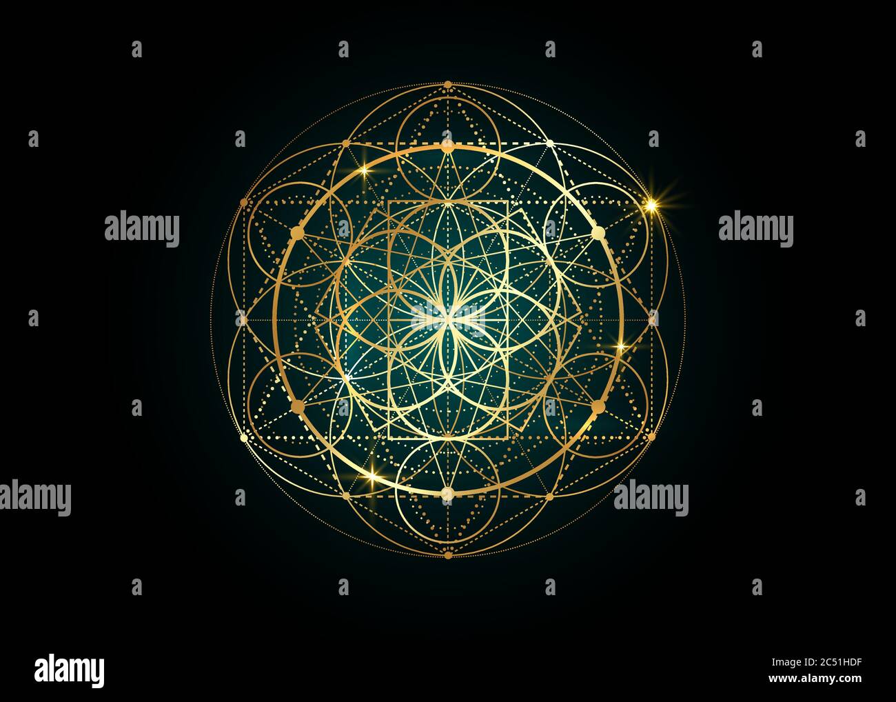 Symbole de la graine de vie géométrie sacrée. Mandala mystique géométrique de la fleur ésotérique alchimie de la vie. Design de luxe or, amulette méditative vecteur divin Illustration de Vecteur