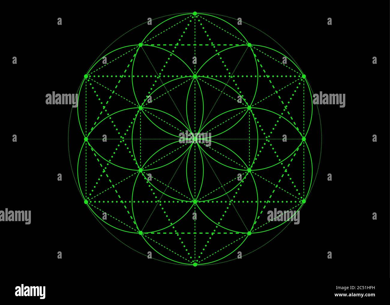 Symbole de la semence de vie géométrie sacrée. Mandala mystique verte d'alchimie ésotérique, Fleur de vie. Effet de couleur lumineux au néon vectoriel isolé sur le noir Illustration de Vecteur