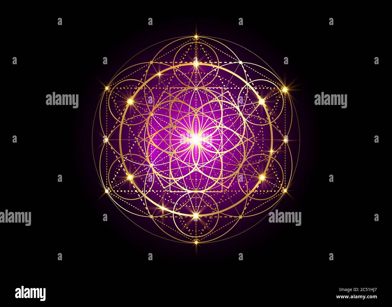 Symbole de la graine de vie géométrie sacrée. Mandala mystique géométrique de la fleur ésotérique alchimie de la vie. Design de luxe or, amulette méditative vecteur divin Illustration de Vecteur