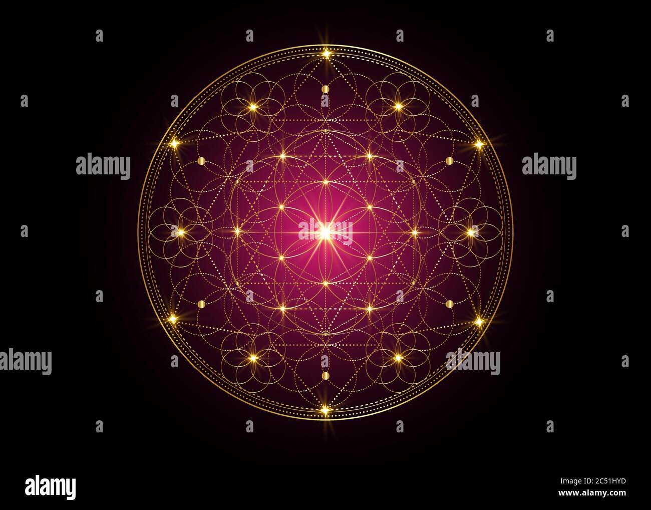 Symbole de la graine de vie géométrie sacrée. Mandala mystique géométrique de la fleur ésotérique alchimie de la vie. Or design de luxe, vecteur divin amulette tibétaine Illustration de Vecteur