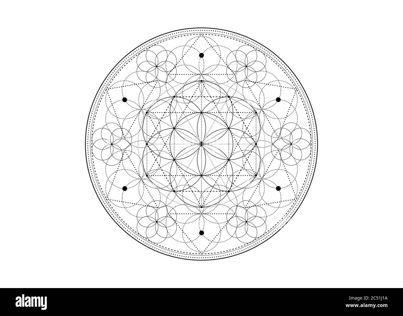 Symbole de la graine de vie géométrie sacrée. Mandala mystique géométrique de la fleur ésotérique alchimie de la vie. Vecteur noir et blanc divin amulette méditative Illustration de Vecteur