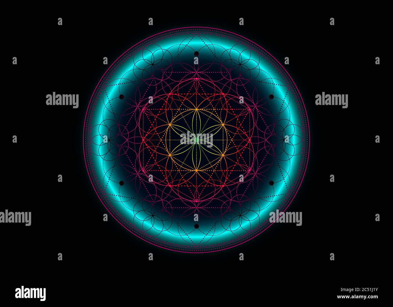 Symbole de la graine de vie géométrie sacrée. Mandala mystique géométrique de la fleur ésotérique alchimie de la vie, effet de signe de néon bleu. Boho vectoriel, amulette colorée Illustration de Vecteur