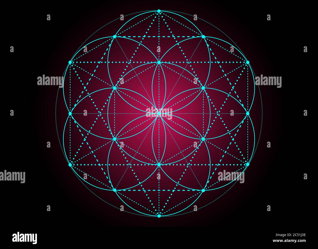 Symbole de la graine de vie géométrie sacrée. Mandala mystique bleu et violet d'alchimie ésotérique, Fleur de vie. Effet de couleur lumineux vectoriel au néon isolé Illustration de Vecteur