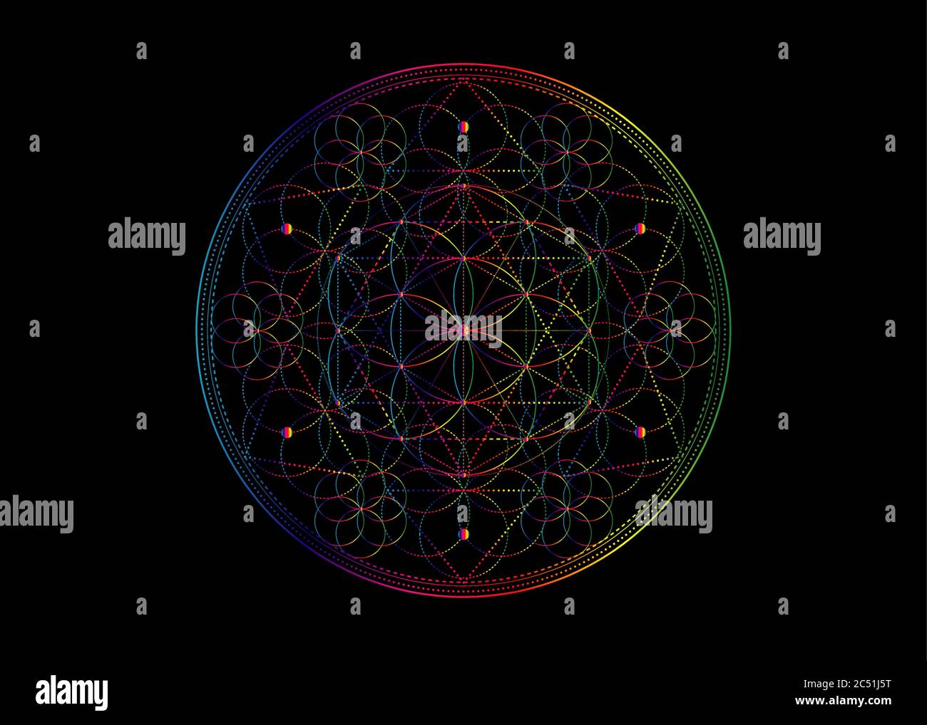 Symbole de la graine de vie géométrie sacrée. Mandala mystique géométrique de la fleur ésotérique alchimie de la vie. Conception de gradient à spectre de couleurs, vecteur isolé Illustration de Vecteur