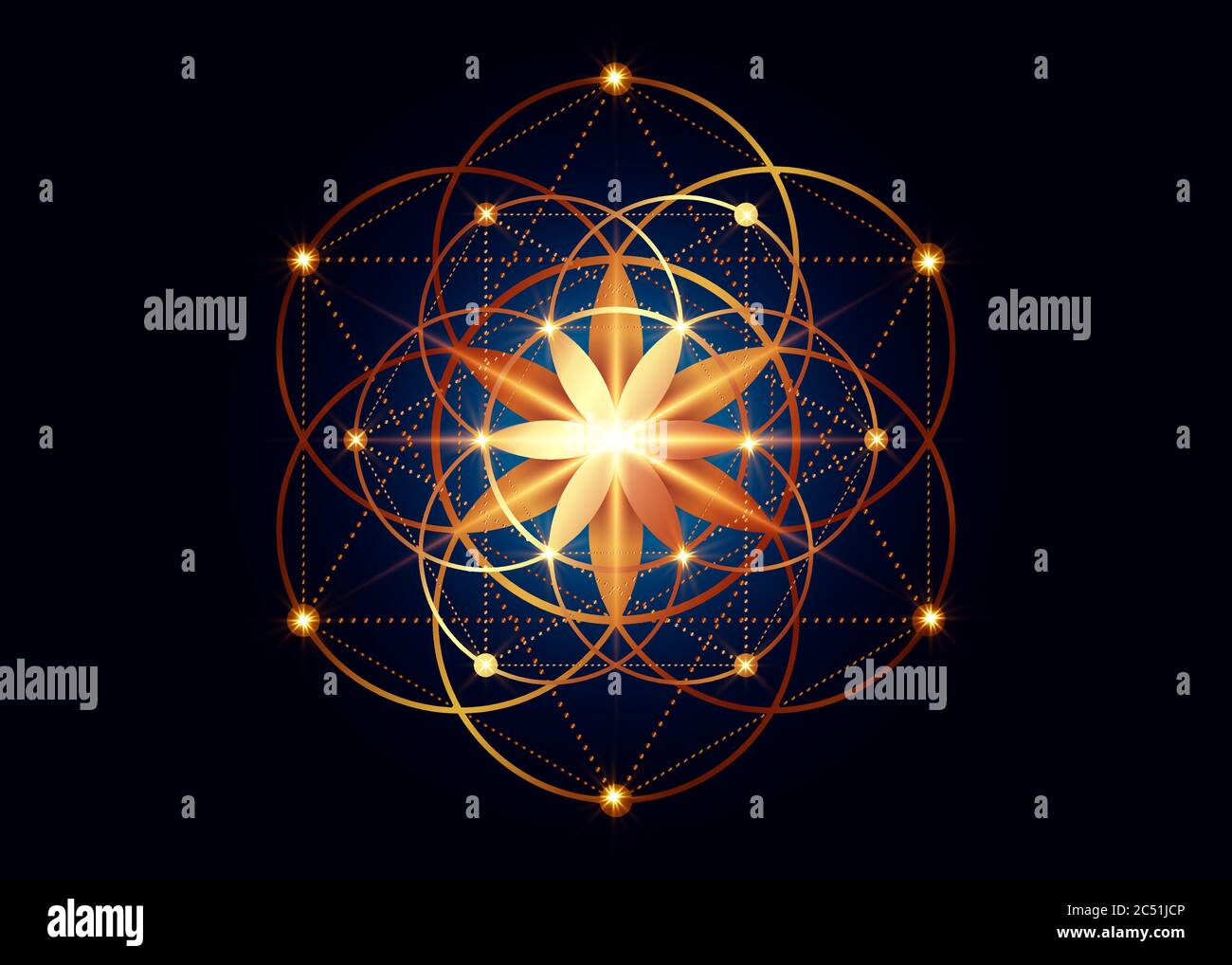 Symbole de la graine de vie géométrie sacrée. Mandala mystique géométrique de la fleur ésotérique alchimie de la vie. Design de luxe or, amulette méditative vecteur divin Illustration de Vecteur