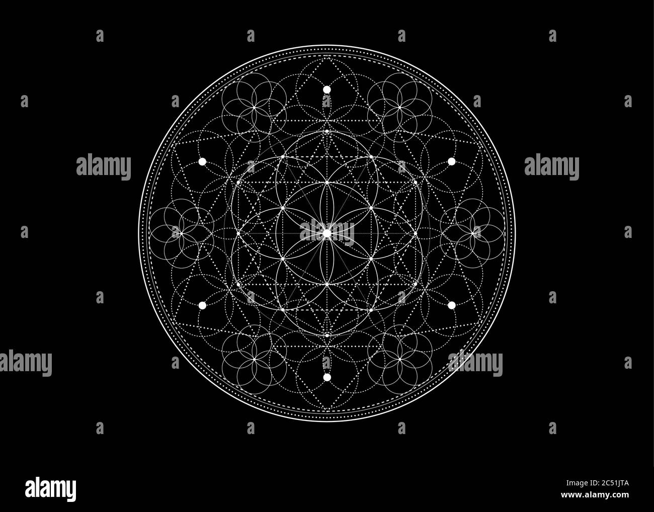Symbole de la graine de vie géométrie sacrée. Mandala mystique géométrique de la fleur ésotérique alchimie de la vie. Vecteur noir et blanc divin amulette méditative Illustration de Vecteur