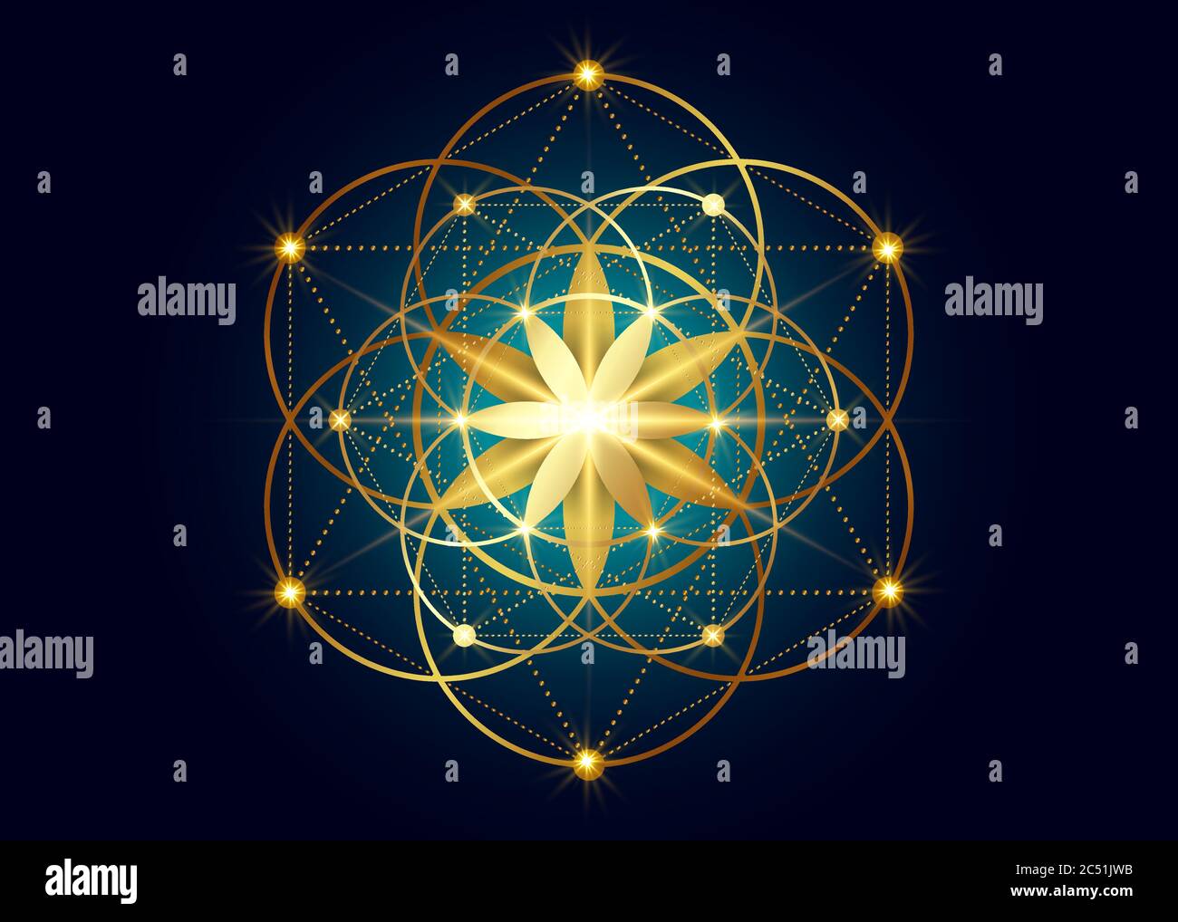 Symbole de la graine de vie géométrie sacrée. Mandala mystique géométrique de la fleur ésotérique alchimie de la vie. Design de luxe or, amulette méditative vecteur divin Illustration de Vecteur