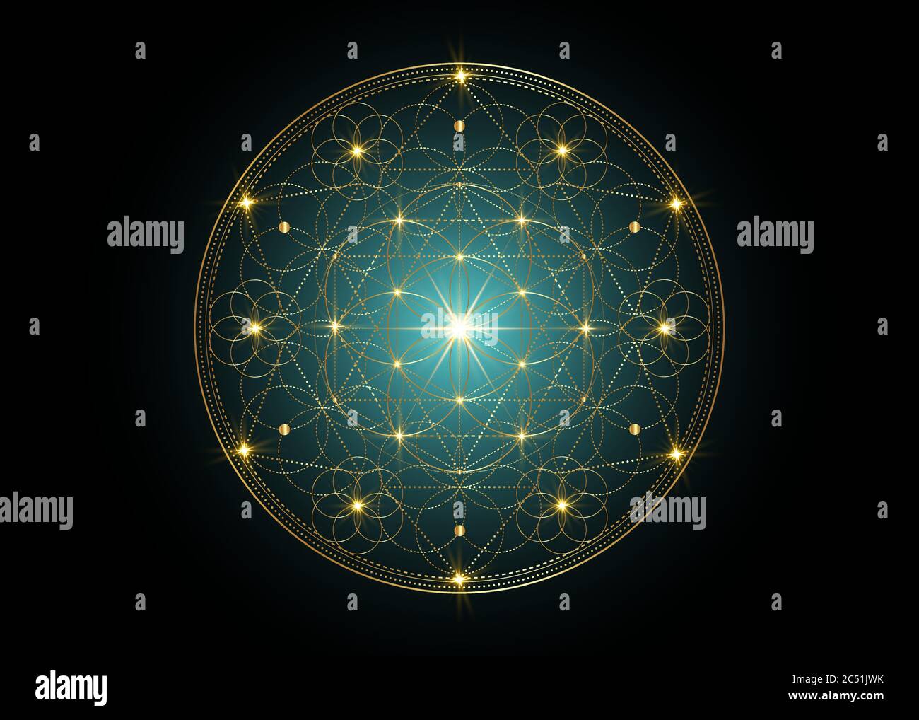 Symbole graine de vie géométrie sacrée. Mandala mystique géométrique de l'alchimie fleur ésotérique de vie. Vecteur de design de luxe en or divin méditatif tibétain Illustration de Vecteur
