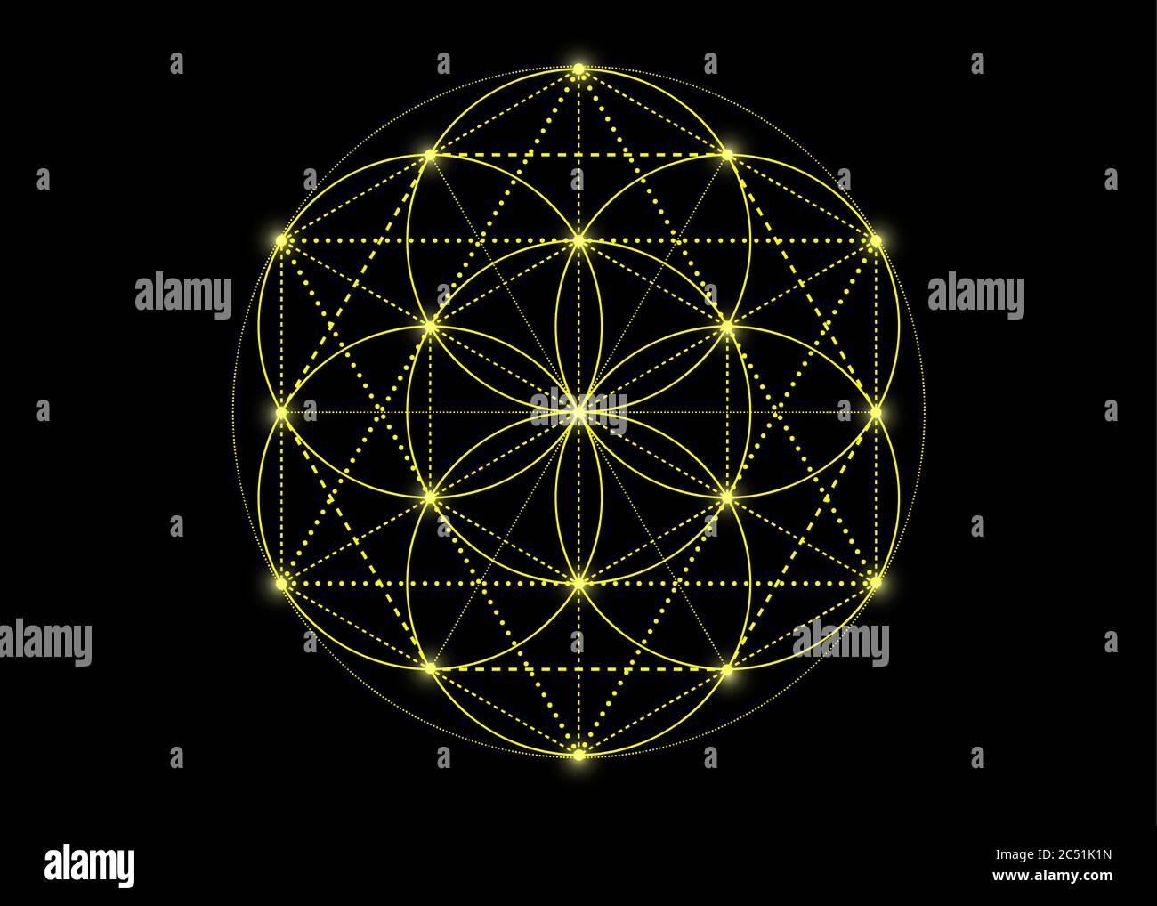 Symbole de la graine de vie géométrie sacrée. Mandala mystique jaune d'alchimie ésotérique, Fleur de vie. Effet de couleur lumineux au néon vectoriel isolé sur le noir Illustration de Vecteur