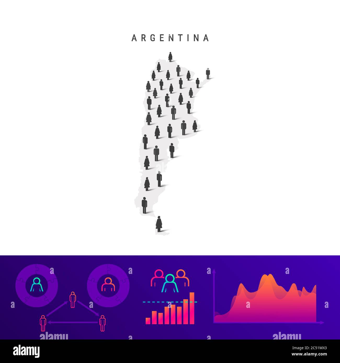 Carte des Argentins. Silhouette vectorielle détaillée. Une foule mixte d'icônes hommes et femmes. Éléments graphiques de la population. Illustration vectorielle isolée Illustration de Vecteur