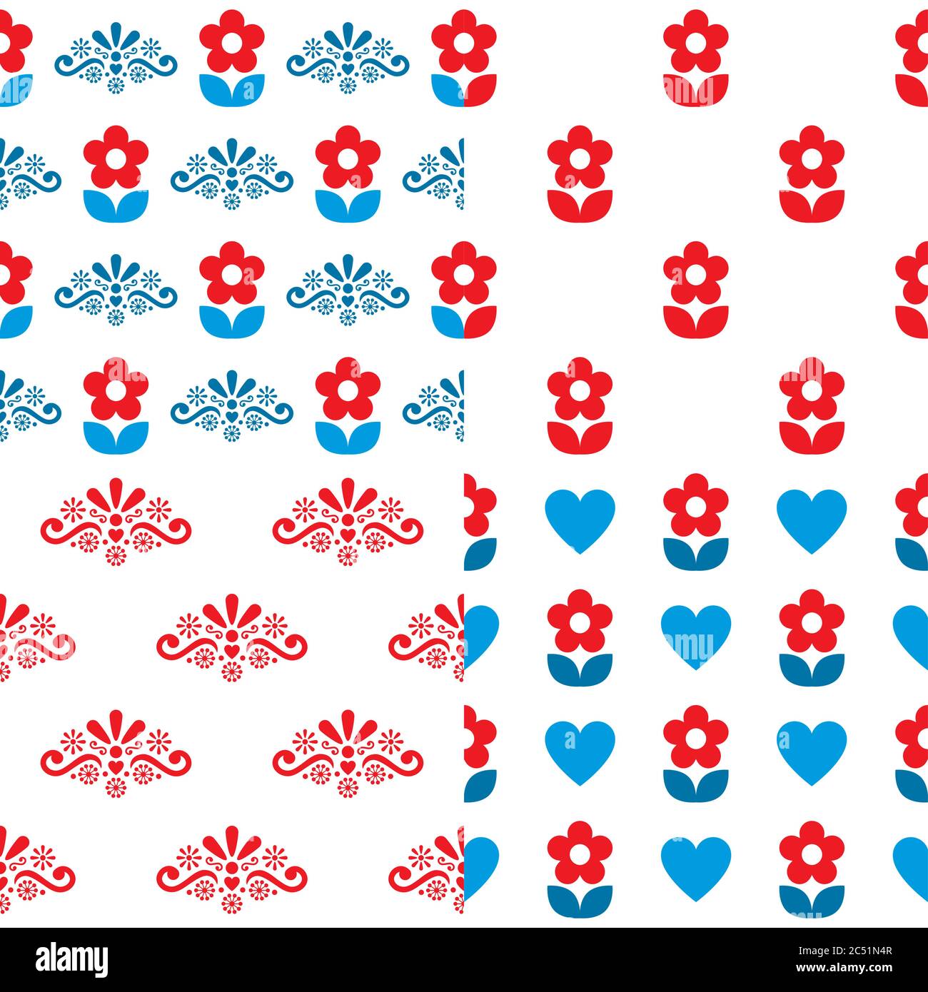 Ensemble de quatre motifs vectoriels d'art folklorique scandinave sans coutures - motifs décoratifs avec fleurs et tourbillons Illustration de Vecteur