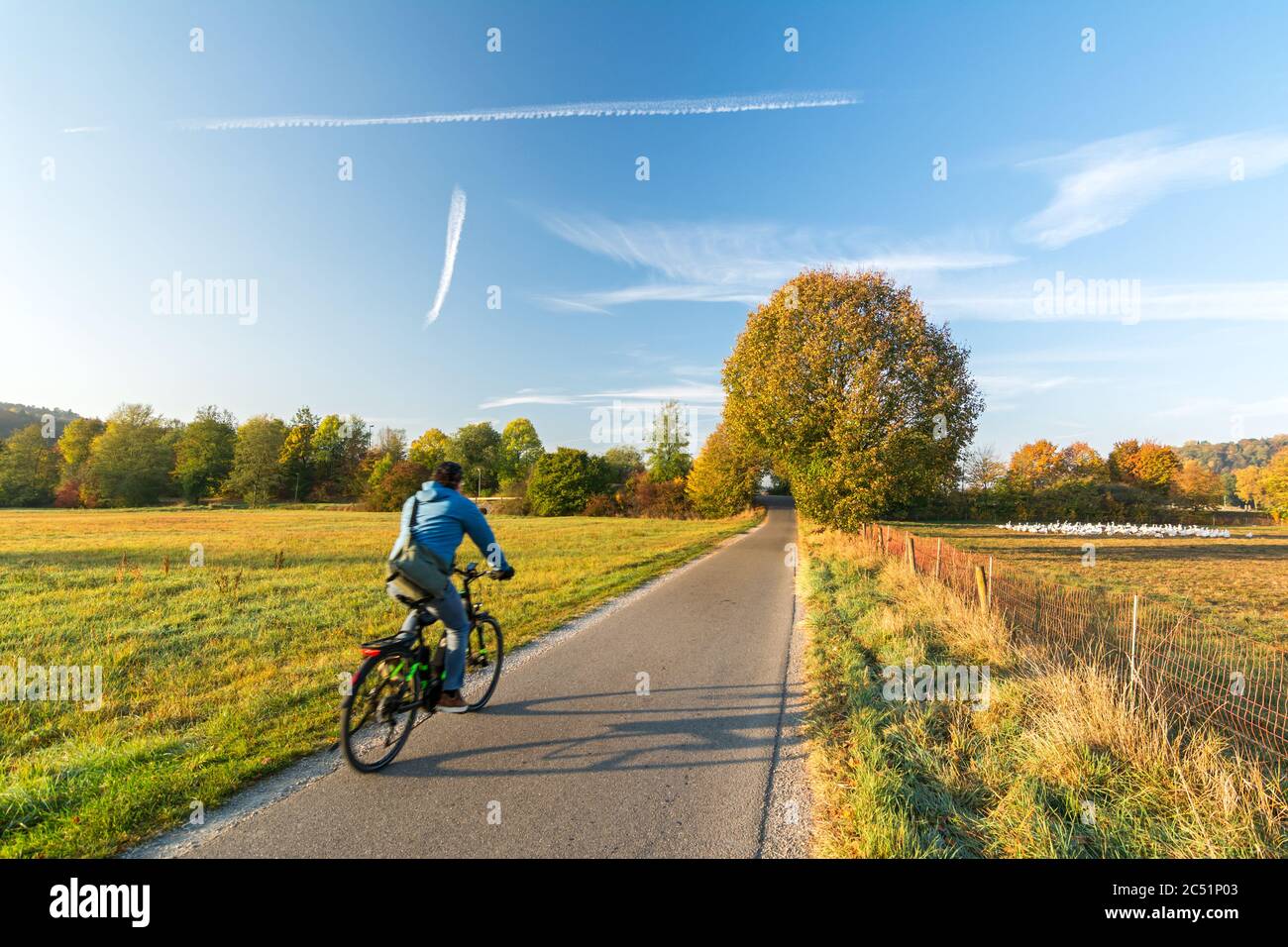 Cycliste sur une piste cyclable dans le paysage rural à l'automne Banque D'Images
