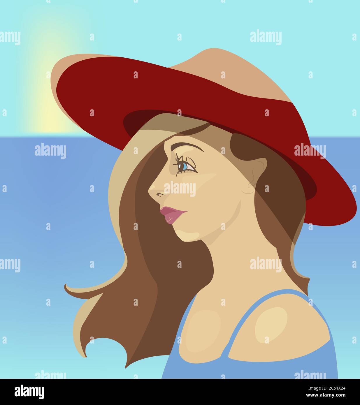 une fille de dessin animé dans un chapeau sur fond de mer Illustration de Vecteur