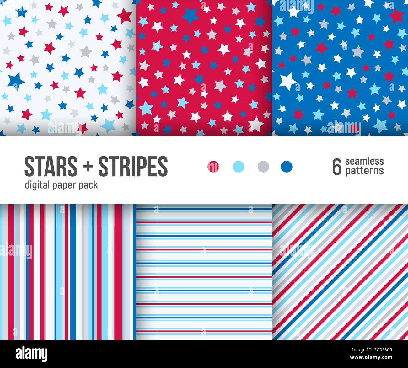 Lot de 6 motifs abstraits sans couture. Arrière-plans géométriques abstraits. Illustration vectorielle. Motif patriotique étoiles et patt rayé Illustration de Vecteur