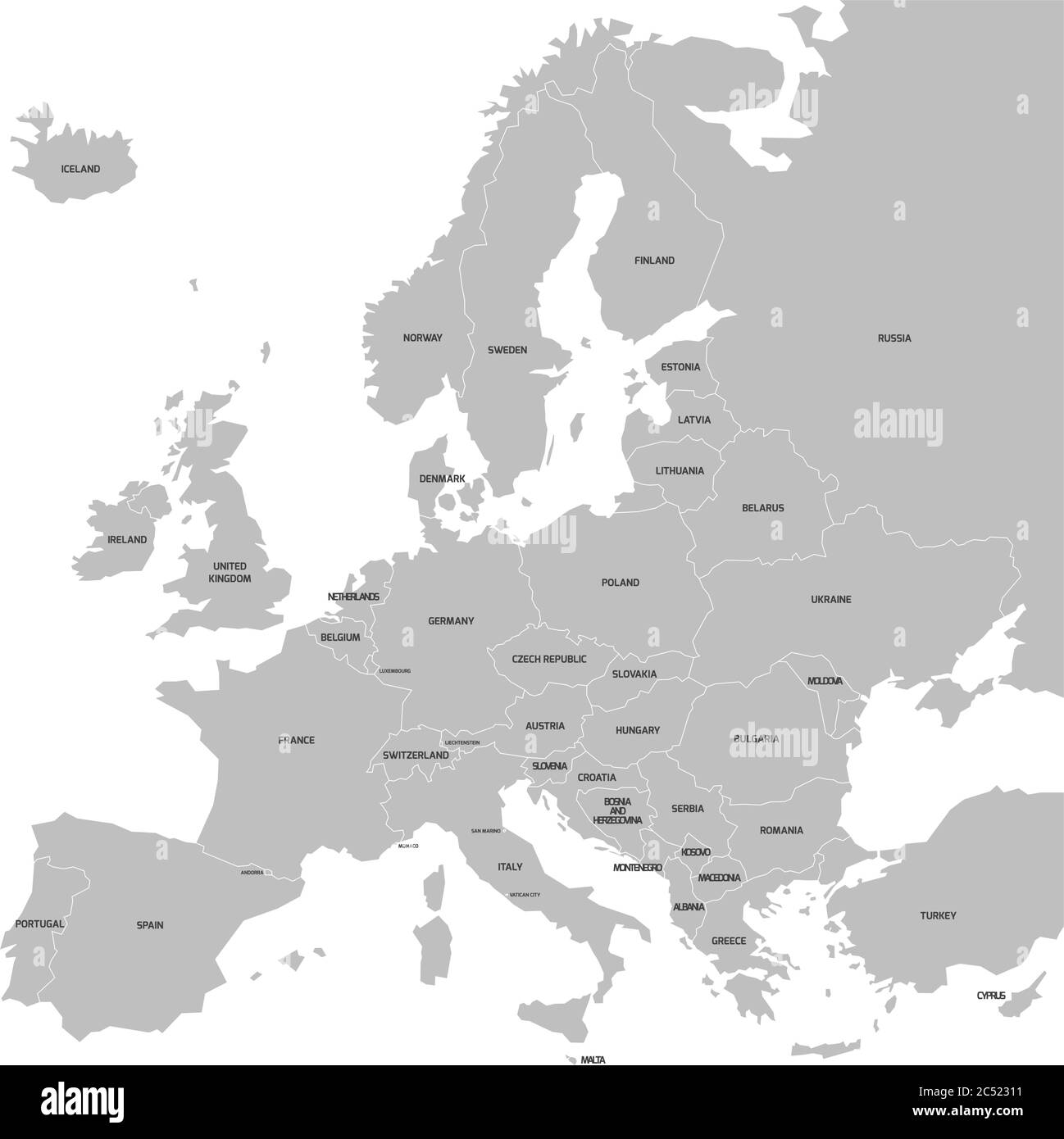 Carte de l'Europe avec les noms des pays souverains, les ministes inclus. Carte vectorielle simplifiée en gris foncé sur fond blanc. Illustration de Vecteur