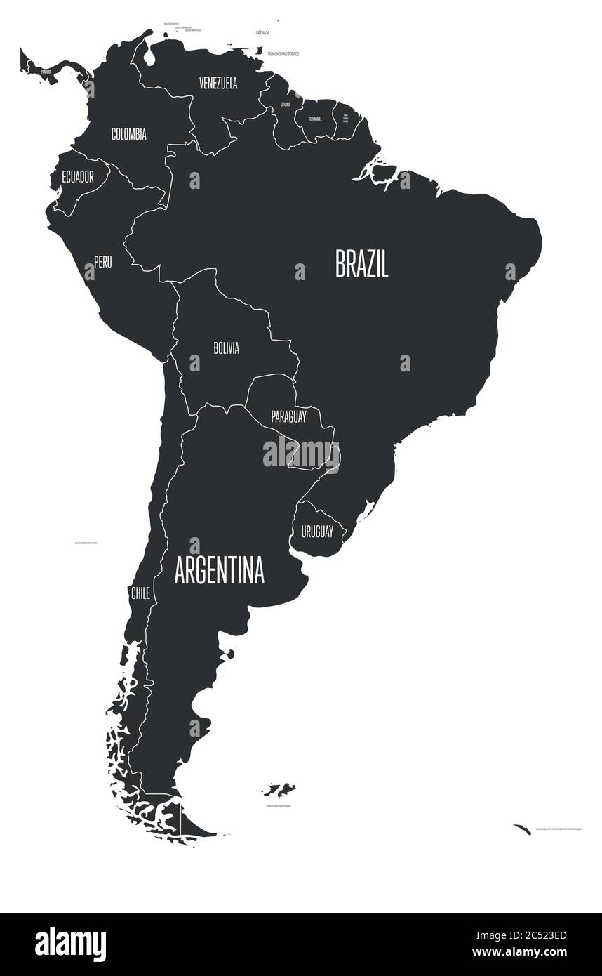Carte politique de l'Amérique du Sud. Carte vectorielle simple et plate avec des noms de pays en gris. Illustration de Vecteur