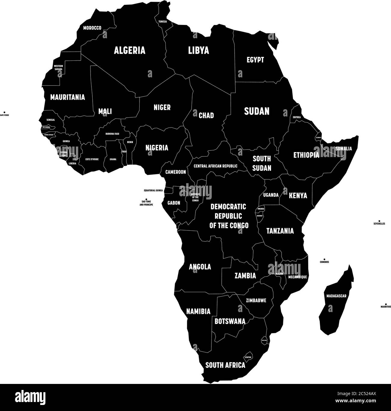 Carte noire du continent africain avec frontières nationales et noms de pays sur fond blanc. Illustration vectorielle. Illustration de Vecteur
