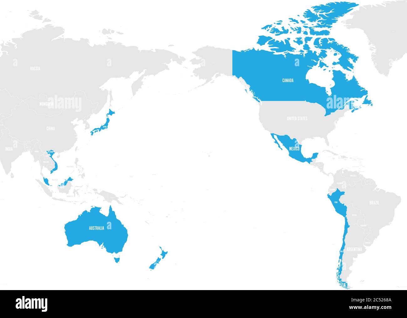 Carte de l'Entente globale et progressive pour le Partenariat transpacifique, le CPPTP ou le PPT11. Etats membres surlignés en bleu. Illustration vectorielle. Illustration de Vecteur